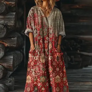 Women's Vintage Floral Art Pattern Print Pocket V-neck Pocket Dress - 10 Models