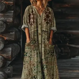 Women's Vintage Floral Art Pattern Print Pocket V-neck Pocket Dress - 3 Models