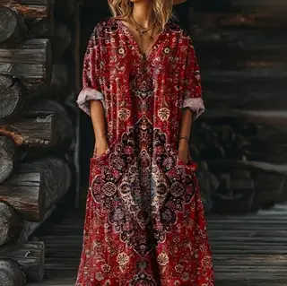 Women's Vintage Floral Art Pattern Print Pocket V-neck Pocket Dress - 5 Models
