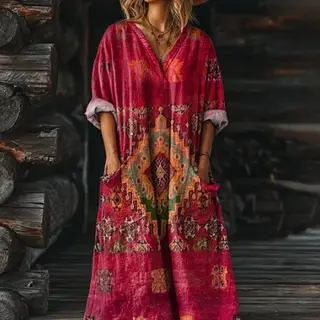 Women's Vintage Floral Art Pattern Print Pocket V-neck Pocket Dress - 8 Models