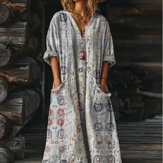 Women's Vintage Floral Art Pattern Print Pocket V-neck Pocket Dress - 9 Models