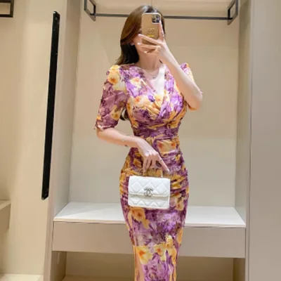 Oil Painting Rose Print Dress Summer Light Mature Style Mesh Purple - Shop at LoveMi