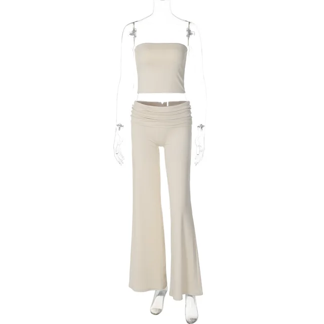 New Pure Color Tube top Top Flared Pants Fashion Slim Suit Apricot - Shop at LoveMi