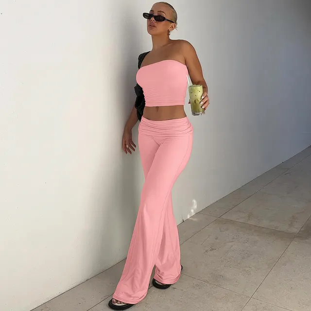 New Pure Color Tube top Top Flared Pants Fashion Slim Suit Pink - Shop at LoveMi