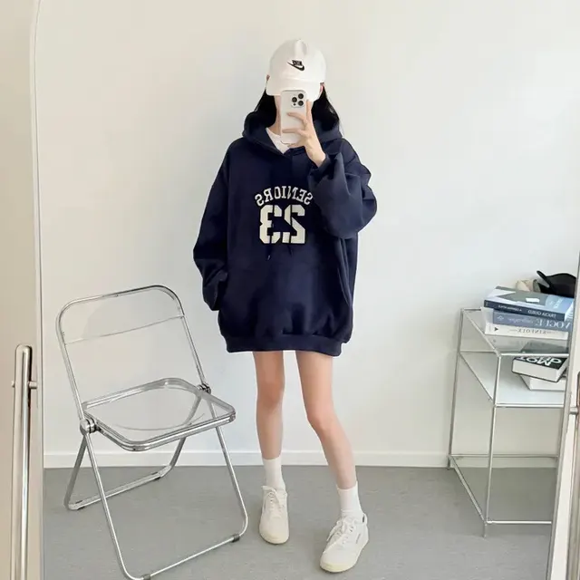 Hooded Embroidery Autumn And Winter Thin Velvet Padded Loose Lazy Style Sweatshirt 71030 Dark Blue With Velvet - Shop at LoveMi