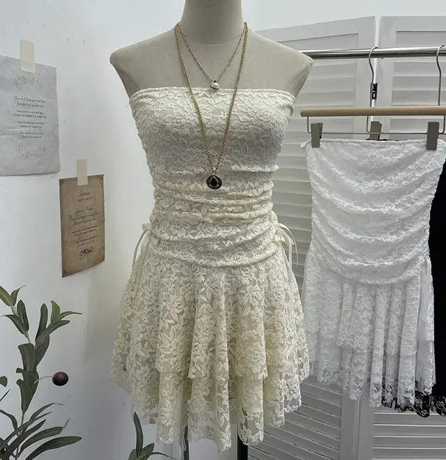 Vintage Lace Patchwork Waist slimming Tube Top Dress Apricot - Shop at LoveMi