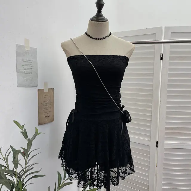 Vintage Lace Patchwork Waist slimming Tube Top Dress Black - Shop at LoveMi