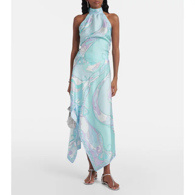 Printed Satin Halter Backless Top Irregular Skirt Two piece Suit Lake Blue - Shop at LoveMi