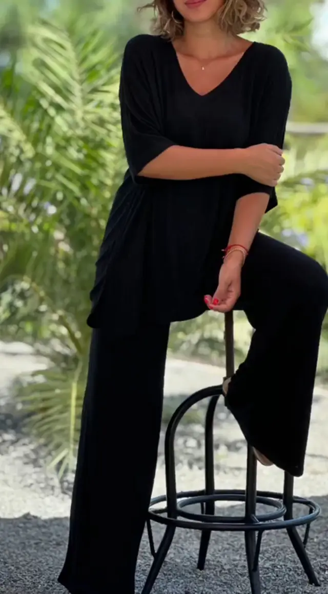 European And American Knitwear Top Two piece Set Casual And Comfortable Baggy Straight Trousers Black - Shop at LoveMi
