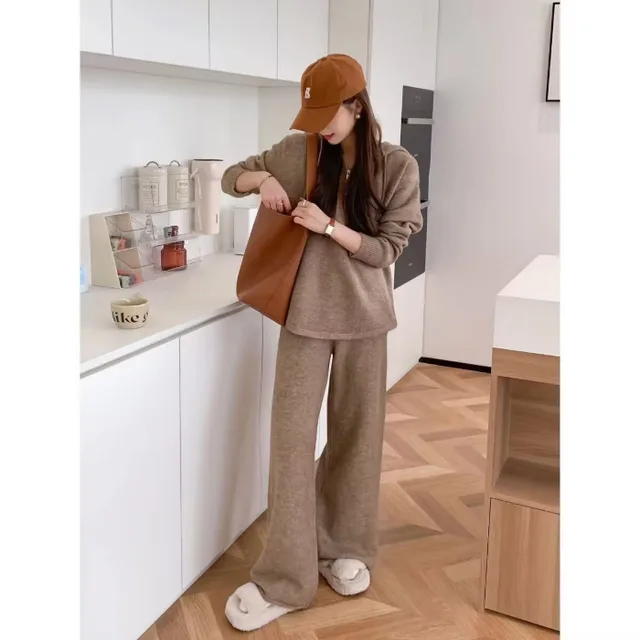 Suit Women's Spring And Autumn New Loose Hooded Sweater Wide leg Pants Coffee Color - Shop at LoveMi