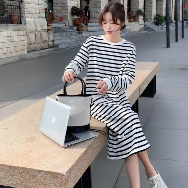 Women's Plus Size Black And White Hooded Knitted Long Dress Casual Striped Dress Sweater White With Black Stripes - Shop at LoveMi