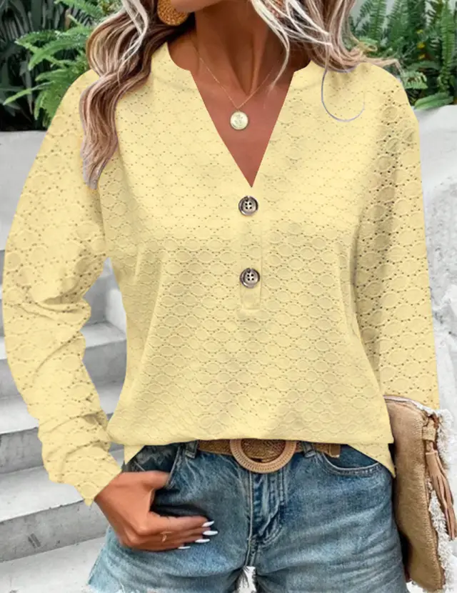 Women's Fashion Casual Solid Color Buttons V neck Long Sleeve Yellow - Shop at LoveMi