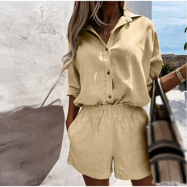 Women's Linen Shorts Suit Lapel Shirt Yellow - Shop at LoveMi