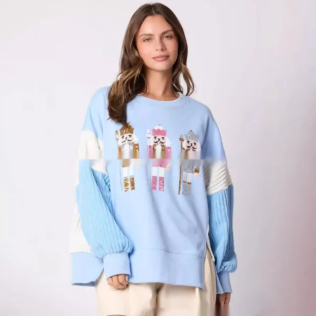 Women's Christmas Soldier Sequins Versatile Multicolor Hoodie Sky Blue - Shop at LoveMi