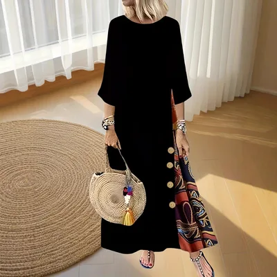 Floral Print Contrast Color Button 34 Sleeve Round Neck Dress Black - Shop at LoveMi