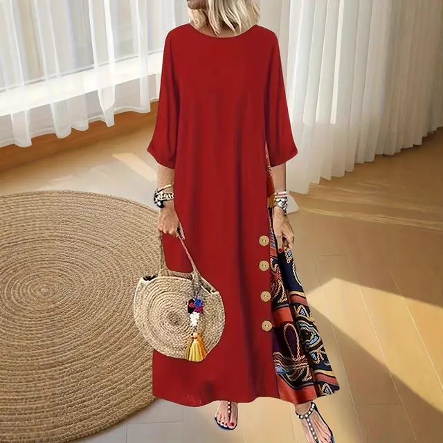 Floral Print Contrast Color Button 34 Sleeve Round Neck Dress Red - Shop at LoveMi