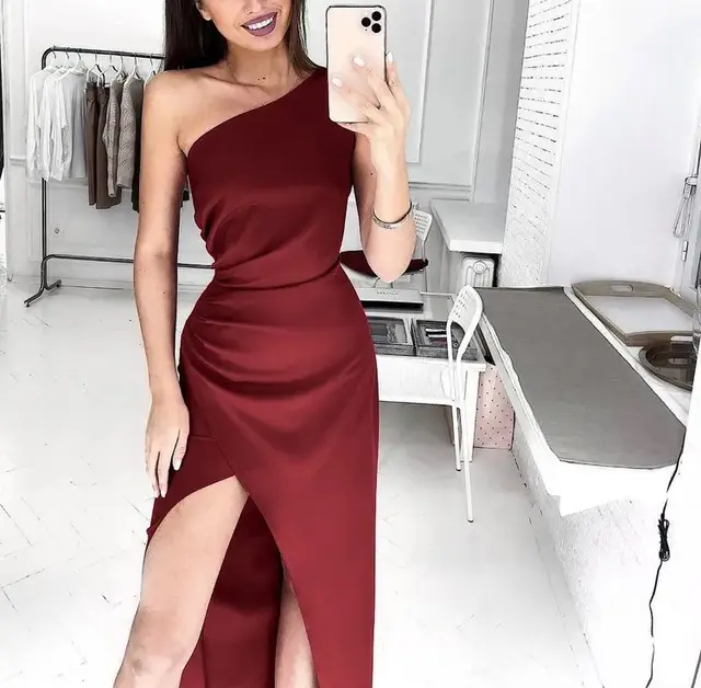 Elegant Sexy Slim fit Shoulder Slit Satin Dress For Women Wine Red - Shop at LoveMi