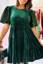 Sequined Puff Sleeve High Waist Dress For Women - Green
