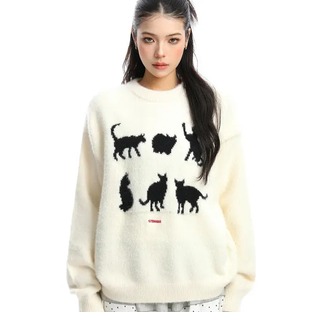 Korean Cat Jacquard Soft Round Neck Sweater Apricot - Shop at LoveMi