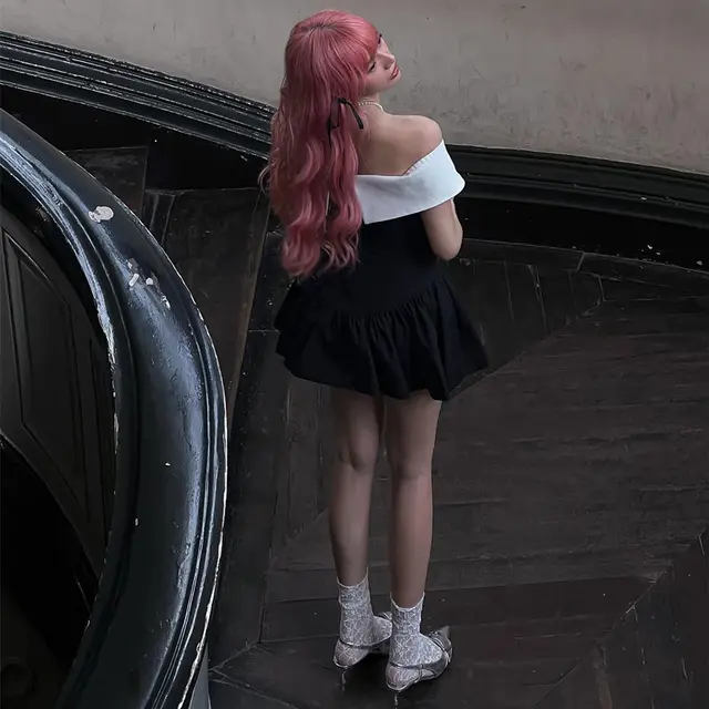 Off shoulder Bow Lace up Waist Trimming Short sleeved Dress Black - Shop at LoveMi