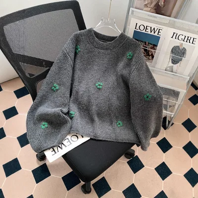 Loose And Lazy Style High grade Korean Style Vintage Embroidered Flower Pullover Sweater Gray - Shop at LoveMi