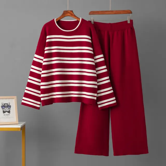Casual Striped Loose Sweater Wide Leg Pants Two piece Set Red - Shop at LoveMi