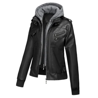 Large Size Women's Artificial Leather Women's Motorcycle Jacket American Style - Black