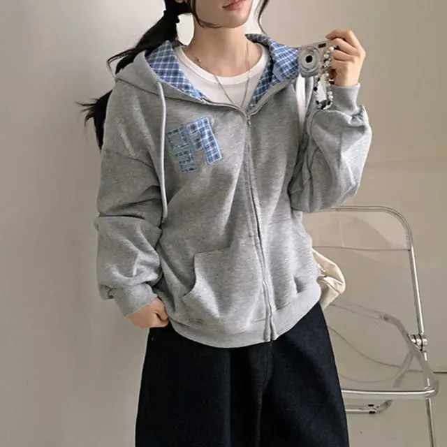 Korean Style Autumn New Machine Embroidery Letters Retro Plaid Zipper Sweater Gray - Shop at LoveMi