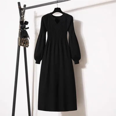 Loose Western Style Versatile Below The Knee Long Style Long Sleeve Dress Black - Shop at LoveMi