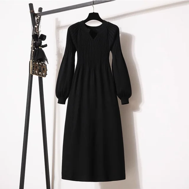 Loose Western Style Versatile Below The Knee Long Style Long Sleeve Dress Black - Shop at LoveMi
