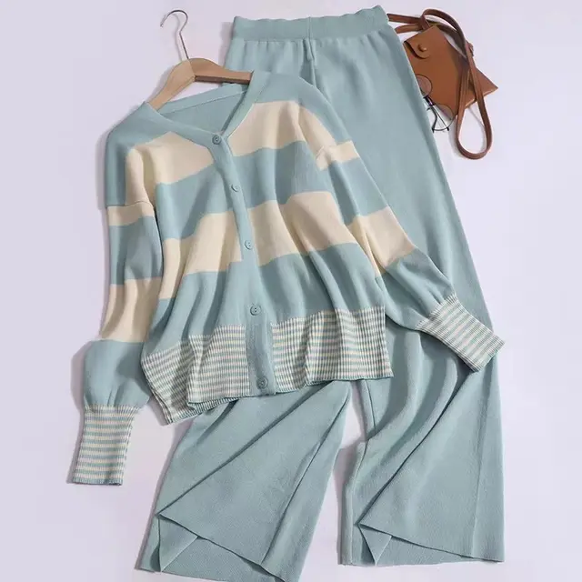 Korean Style Western Style Youthful looking Striped V neck Knitted Cardigan Wide Leg Pants Fashion Two piece Suit Green - Shop at LoveMi
