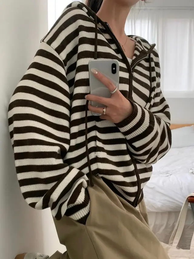 Idle Style Contrast Color Stripes Hooded Knit Cardigan Coffee - Shop at LoveMi
