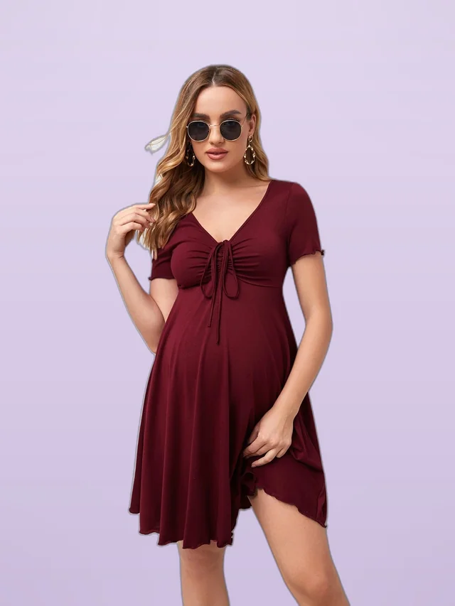 V neck Short sleeved Dress With Drawstring At Chest Dark Red - Shop at LoveMi