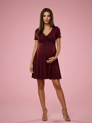 V-neck Short-sleeved Dress With Drawstring At Chest - Dark Red