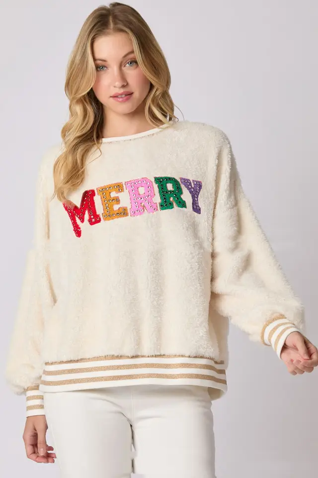 Letter Rhinestone Long Sleeve Pullover Hoodie Round Neck Beige - Shop at LoveMi