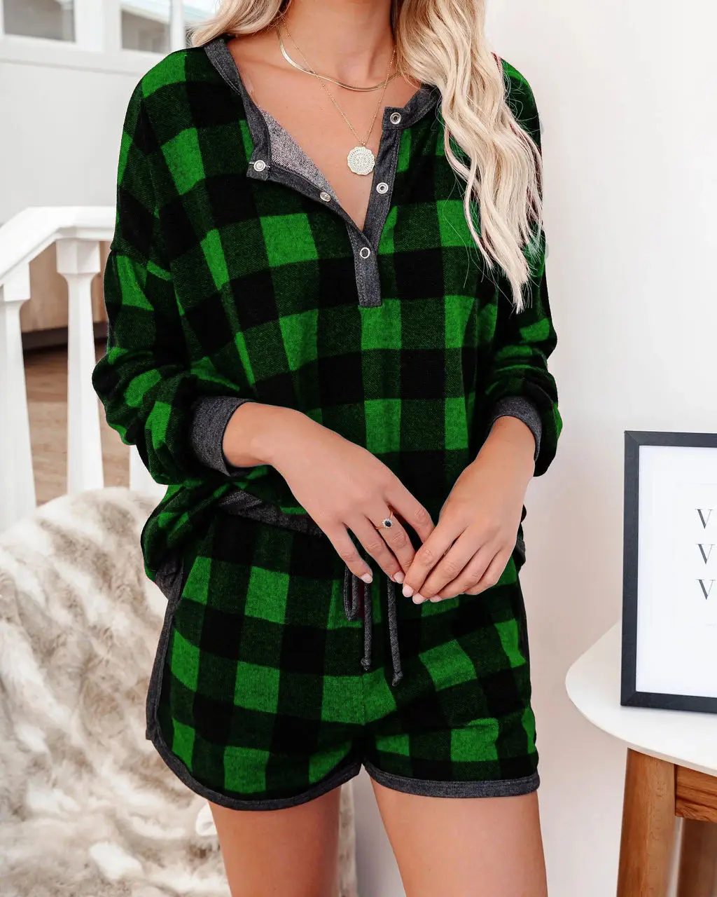 Home Wear T-shirt Top Shorts Suit - Green