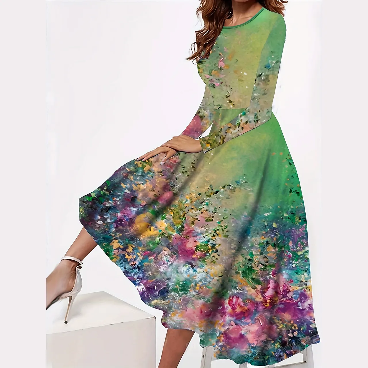 Women's Christmas Elements Floral Print Swing Dress - Emerald Green