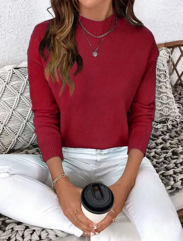 Fashion Solid Color Loose Knitted Pullover Top Wine Red - Shop at LoveMi