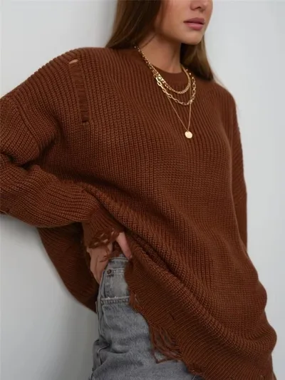 Loose Hole Knitted Pullover Sweater Women Coffee - Shop at LoveMi