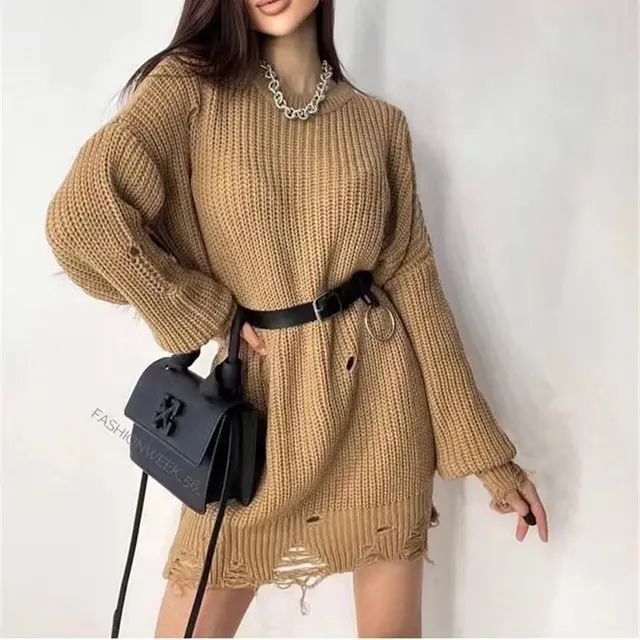 Loose Hole Knitted Pullover Sweater Women Khaki - Shop at LoveMi