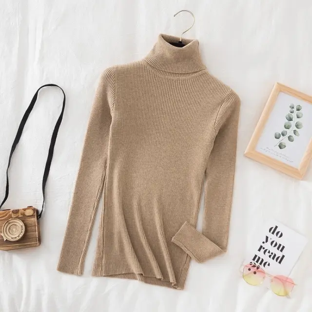 Turtleneck Slimming Sweater Top Pullover Khaki - Shop at LoveMi