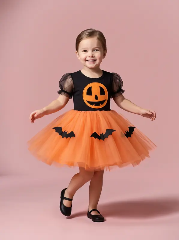 Short sleeved Halloween Pumpkin Bat Printed Mesh Tulle Tutu Dress Orange Orange Pumpkin Bat - Shop at LoveMi