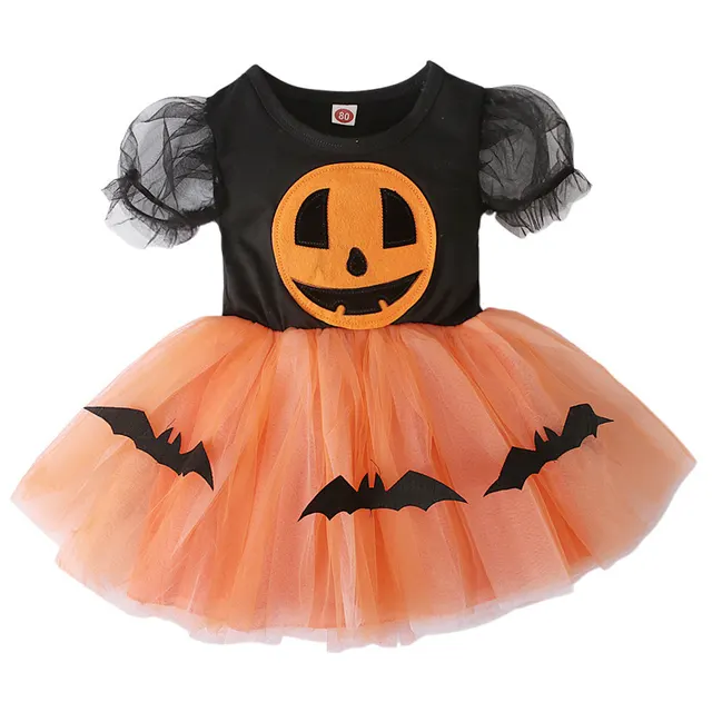 Short sleeved Halloween Pumpkin Bat Printed Mesh Tulle Tutu Dress Orange Orange Pumpkin Bat - Shop at LoveMi