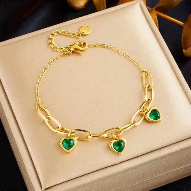 Vintage Gold Plated Love Pendant Titanium Steel Chain Bracelet B1127 Green - Shop at LoveMi