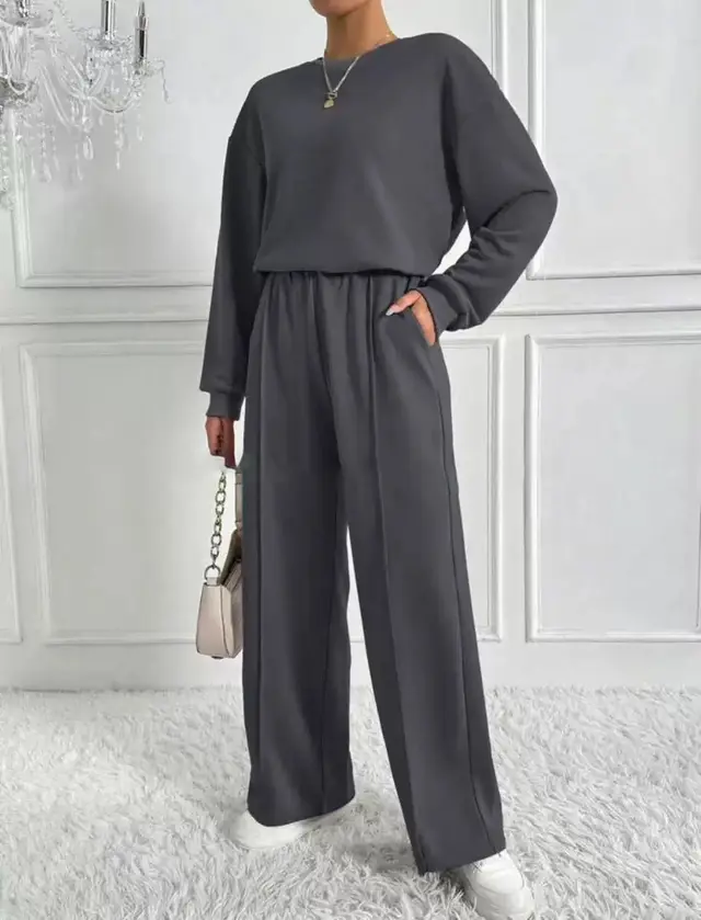 Women's Round Neck Long sleeved Trousers Temperament Twinset Dark Gray - Shop at LoveMi