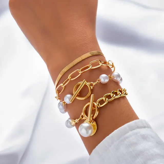 Retro Pearl Chain Beaded Bracelet 03 Gold 3893 - Shop at LoveMi