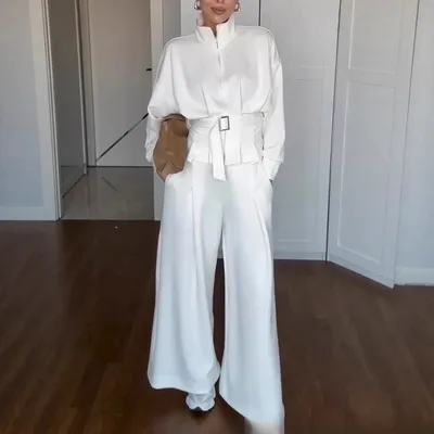 Casual Style Simple Fashion Graceful Stand Collar Zipper Jacket Pants Suit White - Shop at LoveMi