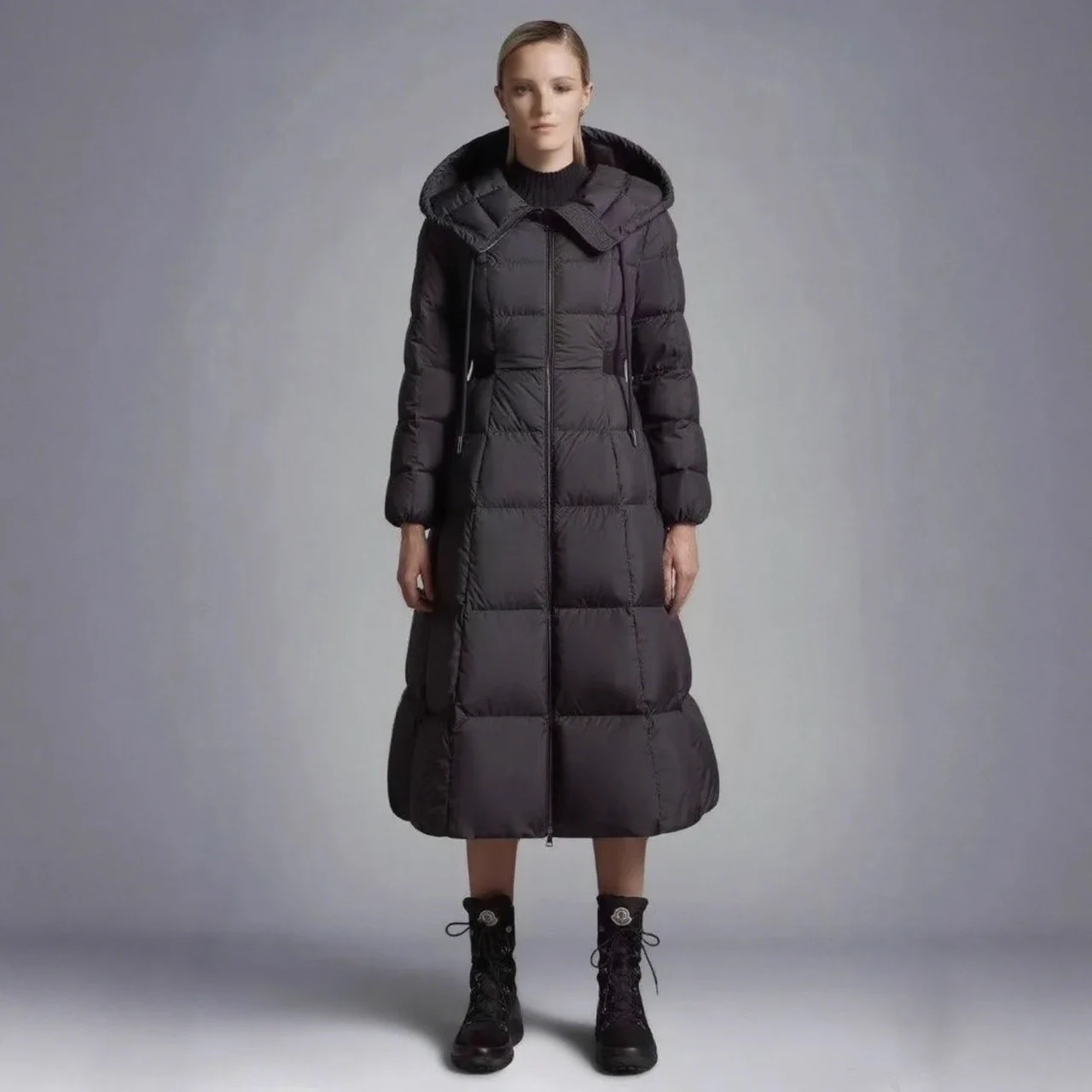 Long Casual Hooded Warm White Duck Down Jacket - Black