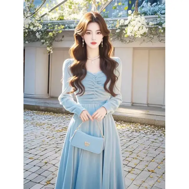 Fairy Dress Sweet Mid waist Long Sleeve Blue - Shop at LoveMi