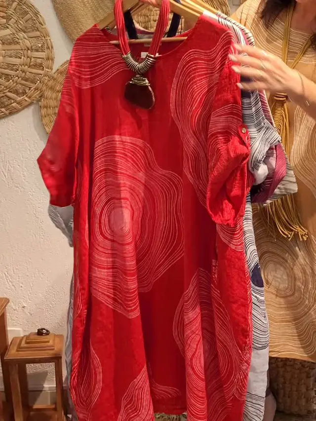 Women's Round Neck Abstract Printing Sleeve Dress Red - Shop at LoveMi